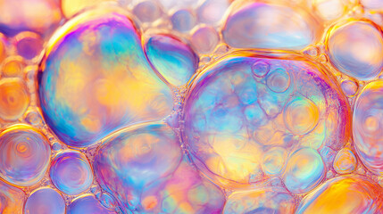 Wall Mural - a close-up, top-down view of soap bubbles, filling the entire frame with the focus on the colorful, iridescent surfaces