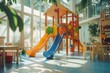 © Victor Bertrand - An inviting indoor playground with vibrant slides, climbing structures, and sunlight streaming through large windows.