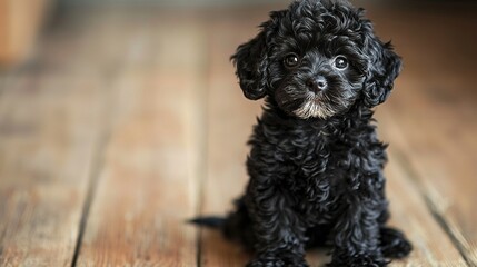 Wall Mural -  A black puppy sitting on a wooden floor, looking into the camera with a somber expression on its face