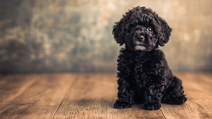 Wall Mural -   Black puppy on wooden floor against gray wall and wooden foreground