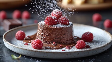 Canvas Print -  A chocolate cake with chocolate frosting and raspberries on a plate, topped with powdered sugar sprinkles