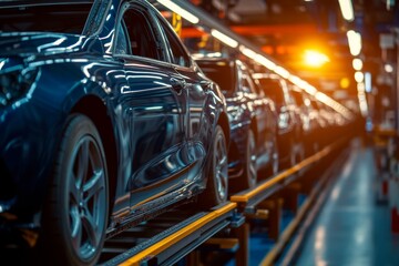 Poster - Modern automated assembly process of car bodies on conveyor at automotive manufacturing plant