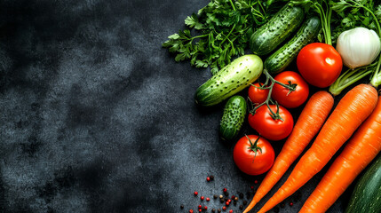 Wall Mural - “Delicious assortment of fresh vegetables including tomatoes, cucumbers, peppers, and carrots—perfect for a healthy food, diet, or cooking concept. Includes copy space for text.”