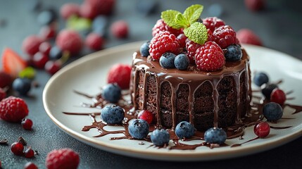 Canvas Print -   A white plate holds a chocolate cake adorned with raspberries and blueberries