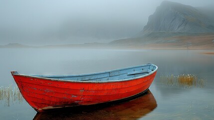   Red boat on lake in foggy day with mountain in background