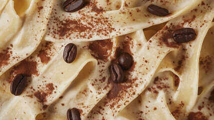 a close-up, top-down view of tiramisu pasta dessert, filling the entire frame with the focus on the pasta's intricate details