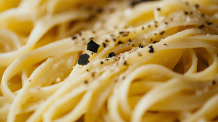 a close-up, top-down view of tagliolini with black truffle, filling the entire frame with the focus on the pasta's intricate details