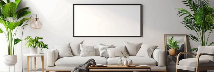 Poster - Modern living room interior design with white couch, green plants and blank picture frame for mockup.