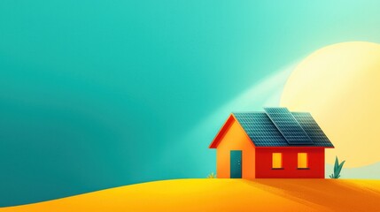 Eco-Friendly Solar-Powered Home Illustration in Watercolor Style with Sunlight and Copy Space for Text