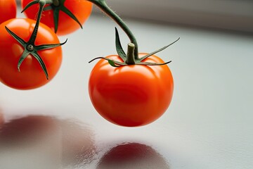 Fresh and Delicious Orange Tomatoes Suspended from the Stalk on a Clean Surface