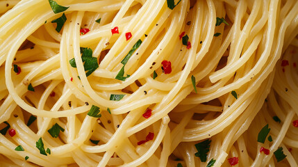 a close-up, top-down view of spaghetti aglio e olio with red chili flakes, filling the entire frame with the focus on the pasta's intricate details