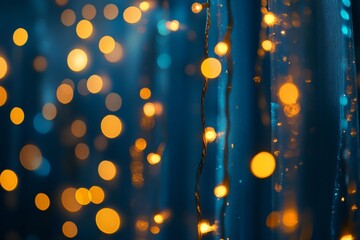 Wall Mural - Festive abstract background featuring golden bokeh lights on blue curtain for holiday celebrations