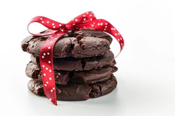 Wall Mural - cookies  stack of christmas chocolate cookies tied red ribbon isolated on white background