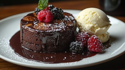 Wall Mural -   A chocolate cake with ice cream and raspberries on a white plate with a scoop of ice cream