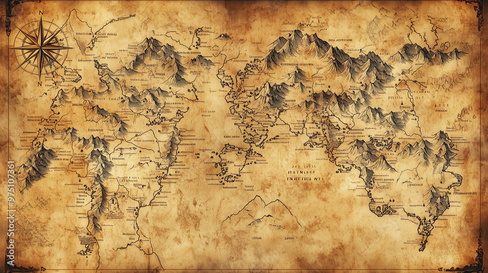 A vintage map of an ancient world, hand-drawn with intricate lines and ...