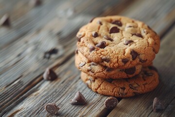 Poster - Homemade chocolate chip cookies on wooden table.