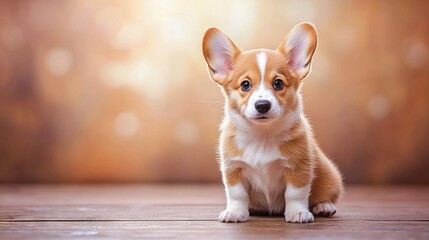 Wall Mural -   A small brown-and-white dog rests on a wooden floor against a brown-and-white backdrop