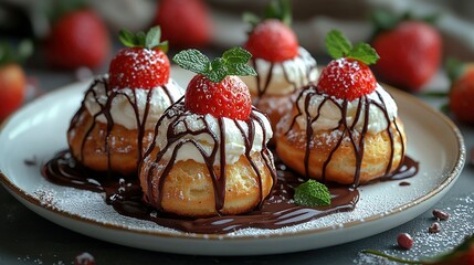 Canvas Print -   White plate with chocolate-covered pastries, topped with strawberries and drizzled with chocolate