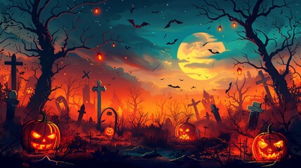 Spooky Halloween night in graveyard with full moon, jack o lantern pumpkins, bats, and glowing lights. Scary, festive, and mysterious digital art