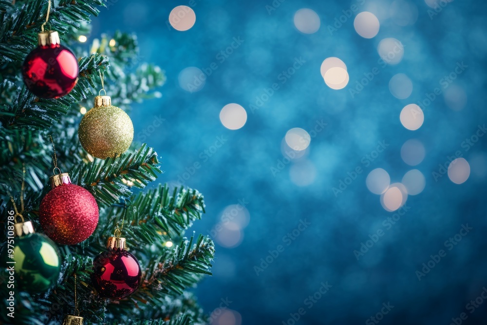 Vibrant christmas tree adorned with colorful ornaments against a blue bokeh background