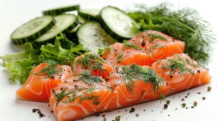 Wall Mural -   White plate with sliced salmon and cucumbers