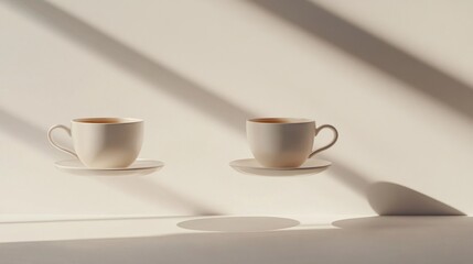 Poster - Two floating tea cups with shadows on beige background, minimalist art concept