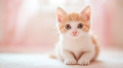 Wall Mural -   A petite orange-white kitten rests on a pristine white floor beside a pink window curtain