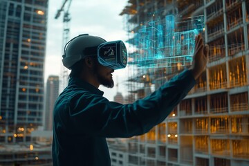 Poster - futuristic architect using ar headset to design 3d building models at busy construction site.