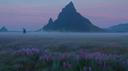 Wall Mural -   A hazy meadow dotted with lilac blossoms and a distant peak with someone perched atop a nearby summit