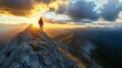 © arsyi_06 - A hiker stands on a mountain peak at sunset, surrounded by dramatic clouds and distant peaks.