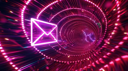 Abstract digital tunnel with glowing purple lights and an email icon, symbolizing communication and technology in a vibrant setting.