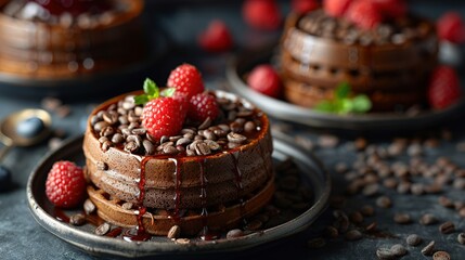 Wall Mural -   A chocolate cake with raspberries on top, surrounded by chocolate chips