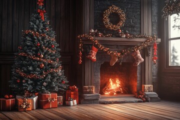festive christmas tree with gifts and garland on a wooden table by a cozy fireplace setting