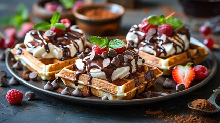 Wall Mural -   Waffles with whipped cream, chocolate, strawberries, chips, mint