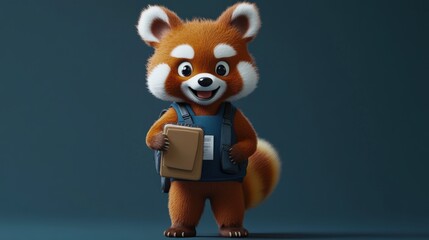 A cute red panda cartoon character wearing a backpack and holding a book, smiling cheerfully against a blue background.