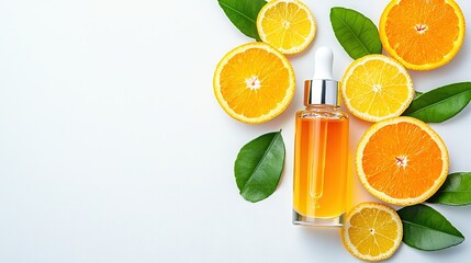 Sticker -  An orange essential oil bottle with surrounding orange slices and green foliage on a white background