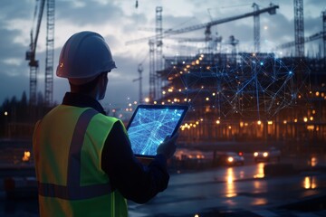 Poster - futuristic construction site engineer with tablet and holographic data visualization at dusk