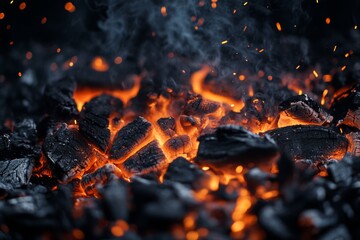 Vivid fire and glowing embers on a bed of hot coals with ample copy space for text