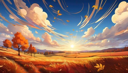 Canvas Print - Autumn field at sunset