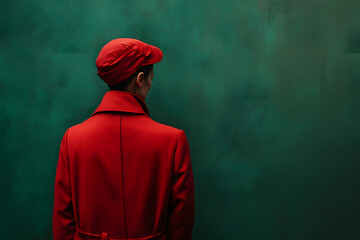 A woman wearing a vibrant red coat and cap faces a deep green wall, creating a striking contrast that highlights their fashion choice in an urban setting.