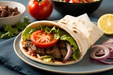 Savory Gyro Wrap with Soft Pita, Tangy Lettuce, Grilled Tomatoes, and Onions