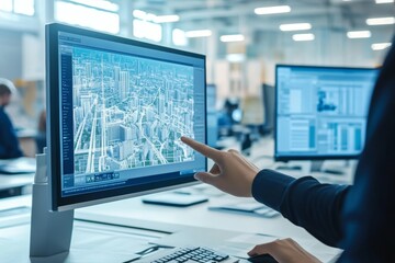 Poster - collaborative office scene professionals analyzing digital blueprints for urban design projects