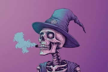 Cartoon skeleton in wizard hat smoking marijuana against a purple background with simple vector art