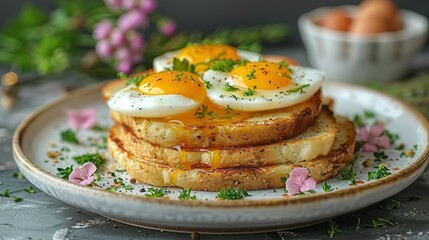 Sticker -   A detailed image of an egg-topped plate, featuring a type of bread and surrounding floral arrangements