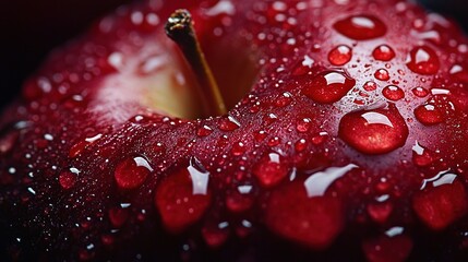 Wall Mural -   Red apple, close-up with water drops on outer and inner surfaces