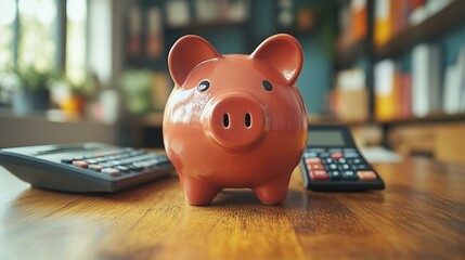 Wall Mural - the Piggy bank and calculator on a desk, symbolizing savings, budgeting, and financial planning.