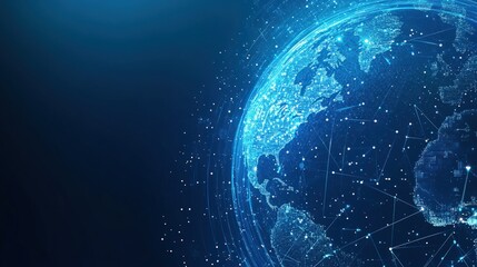 A blue glowing digital earth with lines connecting continents.