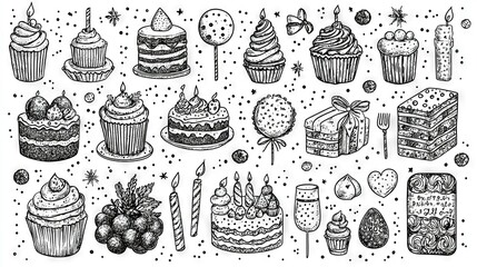 Canvas Print -   A monochrome illustration of assorted cakes and cupcakes adorned with candles and confetti