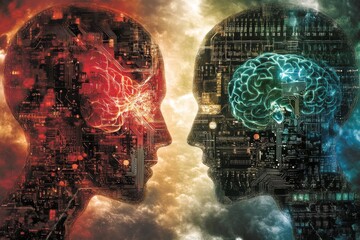 Poster - Bio mechanical digital neurology cerebral interface neuro robotics and neuro dynamics two robotic heads with brains facing each other representing technological thought exchange