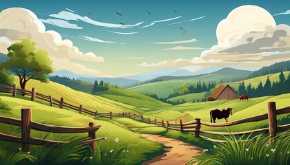 Wall Mural - Peaceful farm with a cow